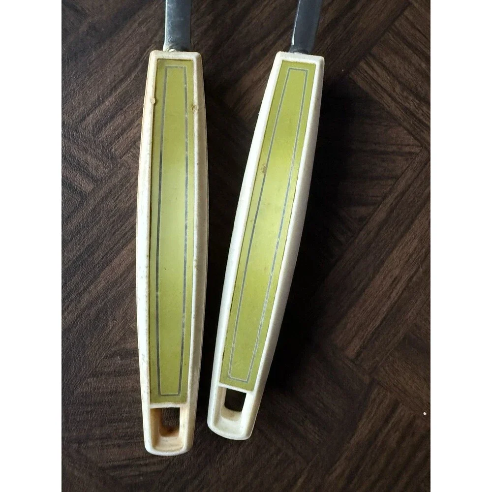 2 Vintage Ecko Serving & Slotted Spoons Chrome Plated Green 70's Handles USA